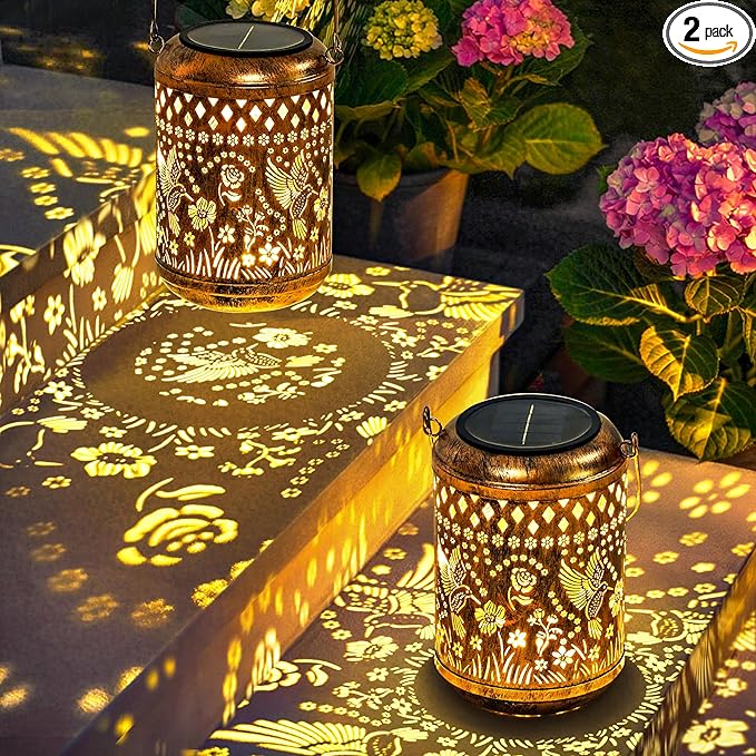 Hummingbird Gardening Gifts Outdoor Solar Lanterns, 2 Pack Garden Decor for Outside, Hanging Solar Lanterns Decorative Gifts for Women Birthday Unique Vintage Table Metal Lights for Yard, Balcony