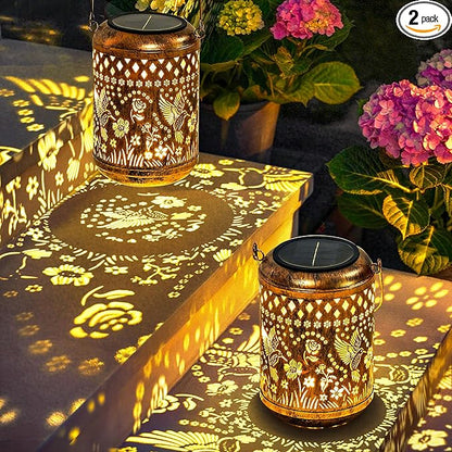 Hummingbird Gardening Gifts Outdoor Solar Lanterns, 2 Pack Garden Decor for Outside, Hanging Solar Lanterns Decorative Gifts for Women Birthday Unique Vintage Table Metal Lights for Yard, Balcony