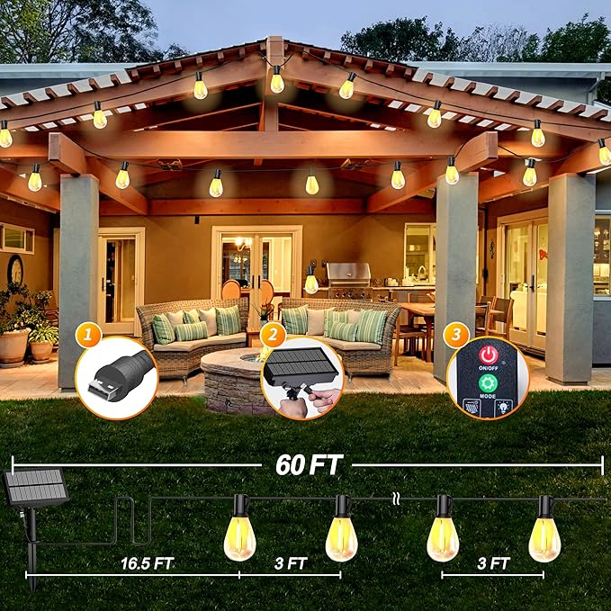 60FT Solar String Lights Outdoor Waterproof with Remote Control Solar Patio Lights 15+2 shatterproof LED Bulbs for Porch Garden Market Bistro Patio Backyard Fence