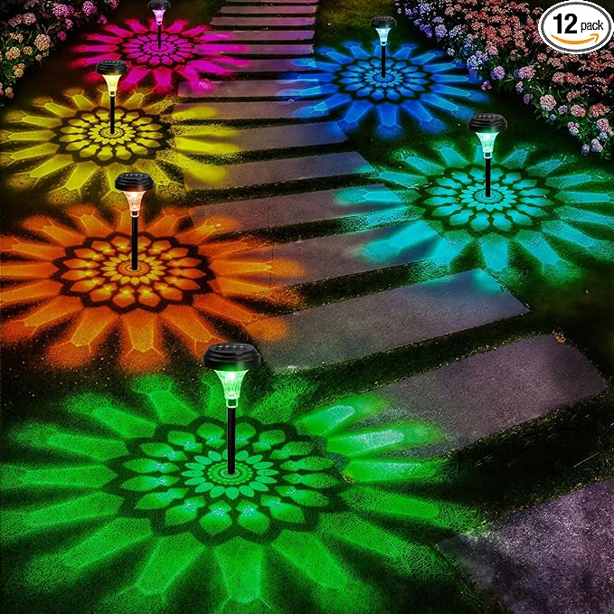 Solar Pathway Lights 12 Pack, Outdoor Solar Garden Yard Light RGB Color Changing+Warm White IP67 Waterproof, Solar Powered Garden Lights for Walkway Yard Backyard Lawn Landscape