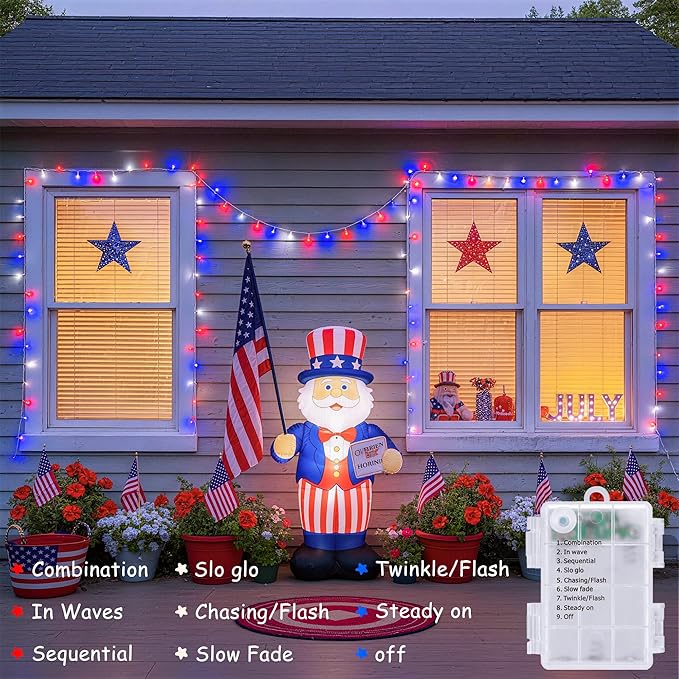 JMEXSUSS 33ft 100 LED Red White and Blue Lights Outdoor, 4th of July Lights Battery Operated with Remote, 8 Modes Patriotic Decorations for Indoor Outside Independence Day American Flag Holiday