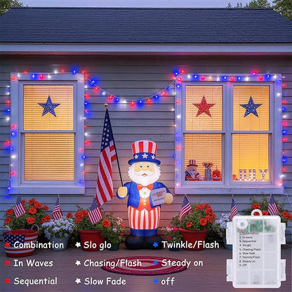 JMEXSUSS 33ft 100 LED Red White and Blue Lights Outdoor, 4th of July Lights Battery Operated with Remote, 8 Modes Patriotic Decorations for Indoor Outside Independence Day American Flag Holiday