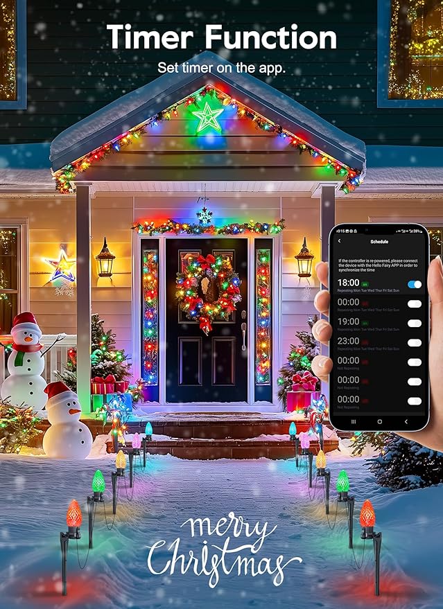 Smart App-Controlled C9 Christmas Lights Outdoor, 66ft 100 Bulb Pathway Lights with Stakes, Multicolor
