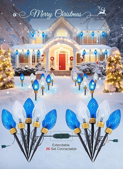Moonflor Strawberry Super Jumbo C9 Christmas Pathway Lights Outdoor - 2 Pack Total 22 FT 10 LED Jumbo C9 Pathway Lights, Hanging Christmas Light Outdoor Decorations for Lawn Yard, Blue & Pure White
