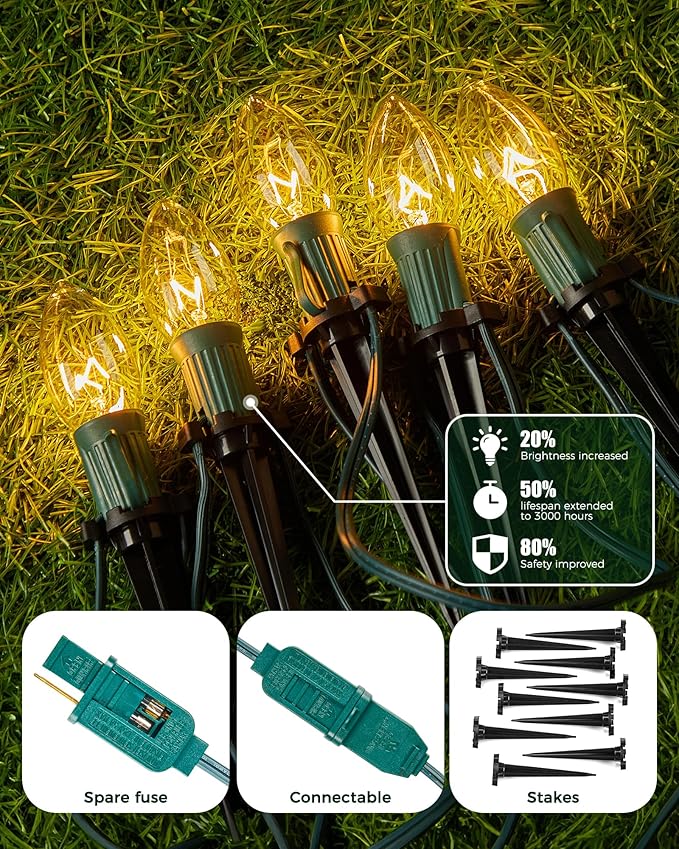 C9 Christmas Lights Outdoor, 102.8ft 80 Bulb Pathway Lights with Stakes, Warm White