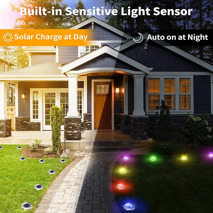 Brizled 12 Pack Color Changing Solar Ground Lights, 16 LED Outdoor Pathway Lights Landscape Lighting, Multicolor Solar Disk Light, Waterproof Disc Puck Light for Pathway Garden Yard Lawn Walkway Decor