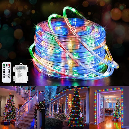 Jnaurb Battery Operated Rope Lights for Outside, 33FT 100LED 8 Modes Battery Operated String Lights, Waterproof Christmas Fairy Light with Remote for Outdoor Indoor Patio Xmas Party Decor - Multicolor