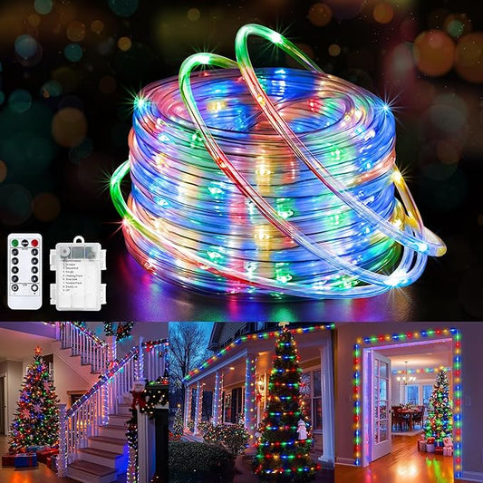 Jnaurb Battery Operated Rope Lights for Outside, 33FT 100LED 8 Modes Battery Operated String Lights, Waterproof Christmas Fairy Light with Remote for Outdoor Indoor Patio Xmas Party Decor - Multicolor