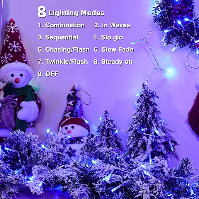 Lomotech Battery Operated Christmas Lights - 4 Pack Total 66ft 200LEDs String Lights 8 Modes Waterproof with Timer for Home, Garden, Party, Holiday, Tree Decoration (Clear Wire, Blue)
