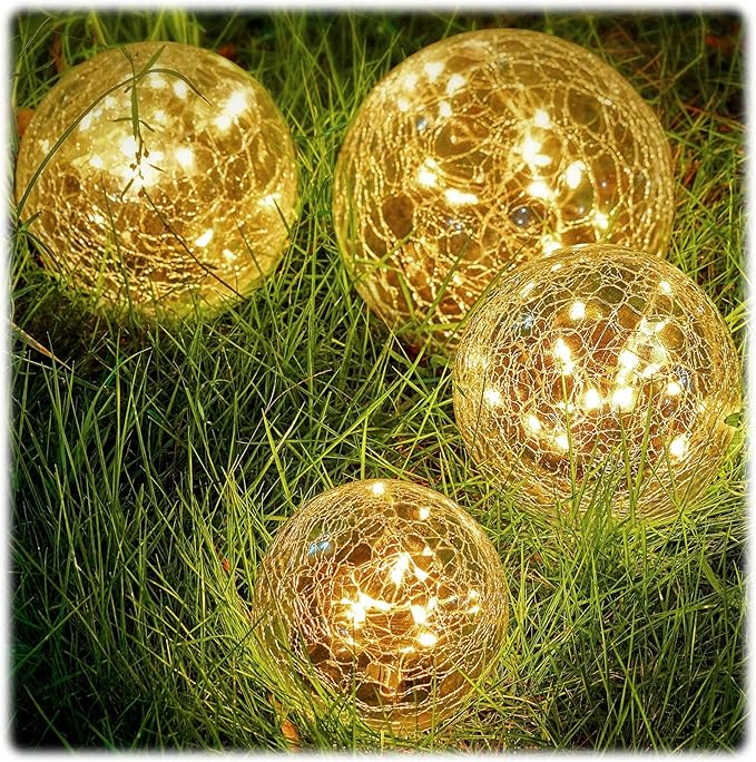 Honoson Solar Globe Lights Outdoor - Waterproof Cracked Glass Balls for Garden, Patio, Lawn & Yard, Warm White Solar LED Lights with Easy Installation & Durable Design(6 Inch,4 Pieces)