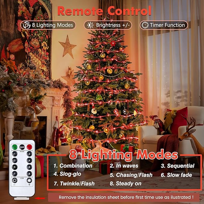 Jnaurb 2-Pack Battery Operated Rope Lights for Outside, Total 66FT 200LED 8 Modes Battery Operated String Lights, Waterproof Christmas Fairy Light with Remote for Outdoor Indoor Xmas Party Decor - Red