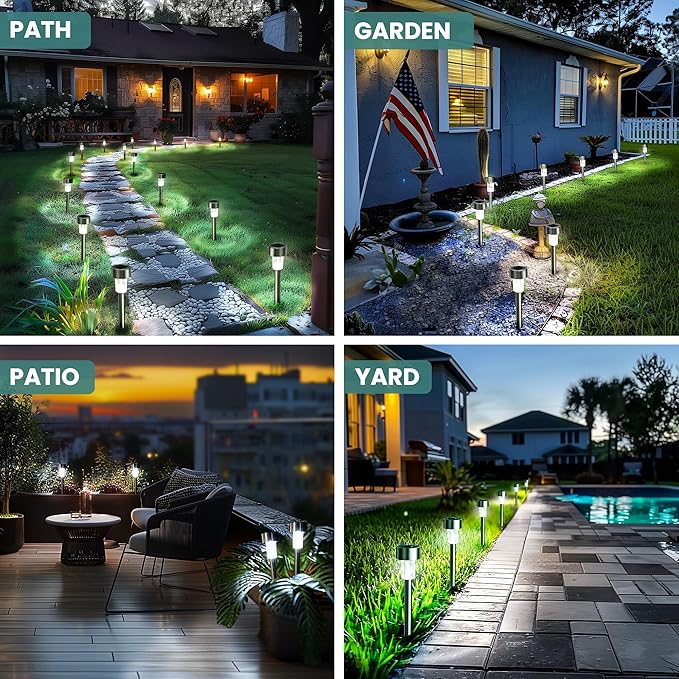 GIGALUMI 24 Pack Solar Path Lights Outdoor,Solar Lights Outdoor Waterproof,Stainless Steel LED Landscape Lighting,Solar Garden Lights for Driveway,Pathway,Patio,Yard