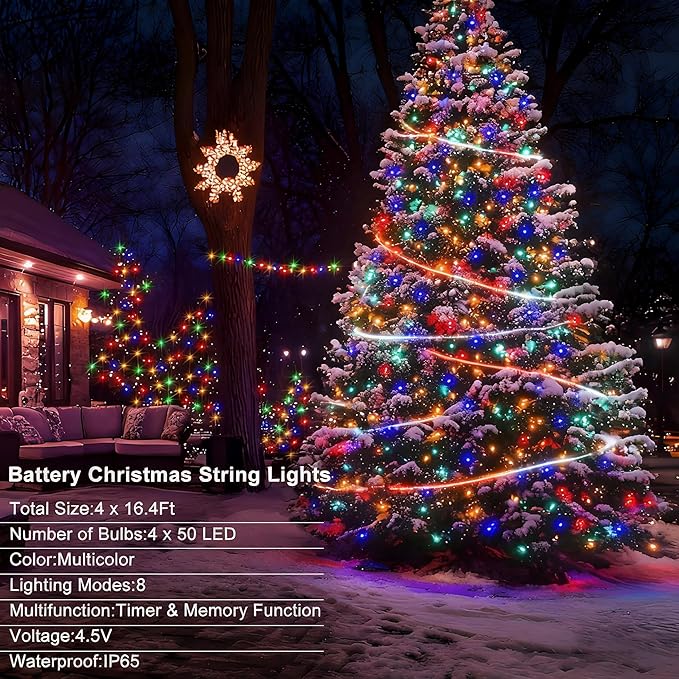 4 Pack Christmas String Lights Battery Operated, Each 50 LED16.5Ft Dark Green String Lights Auto Timer 8 Modes Indoor Outdoor Xmas Wreath Tree Decor (Multicolor)