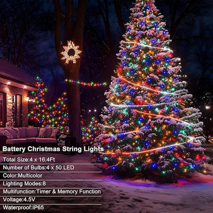 4 Pack Christmas String Lights Battery Operated, Each 50 LED16.5Ft Dark Green String Lights Auto Timer 8 Modes Indoor Outdoor Xmas Wreath Tree Decor (Multicolor)