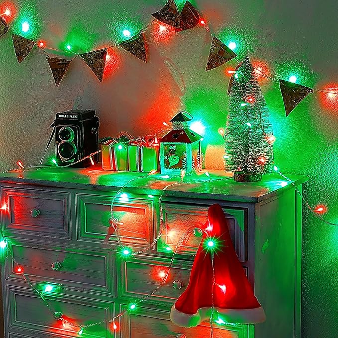 Hopolon Christmas Lights Outdoor Indoor,Red and Green 100 Led Christmas String Lights,33FT Extendable Waterproof Clear Wire Twinkle Light Plug in for Xmas Tree Party Yard Patio,100 LED,Red Green