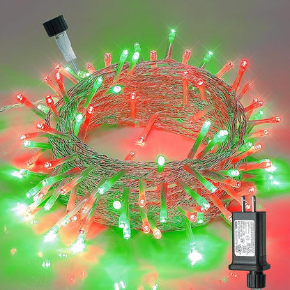 Hopolon Christmas Lights Outdoor Indoor,Red and Green 100 Led Christmas String Lights,33FT Extendable Waterproof Clear Wire Twinkle Light Plug in for Xmas Tree Party Yard Patio,100 LED,Red Green