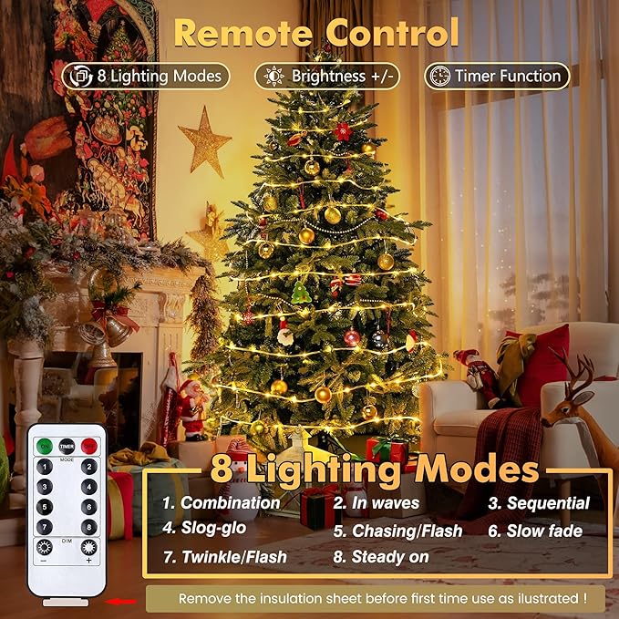 Jnaurb 2-Pack Battery Operated Rope Lights for Outside, Total 66FT 200LED 8 Modes Battery Operated String Lights, Waterproof Christmas Fairy Light with Remote for Outdoor Indoor Xmas Decor -Warm White