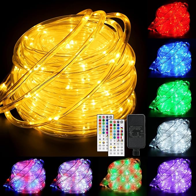66ft 200LED Rope Light Outdoor String Lights, 24 Colors+Warm White Outdoor LED Lights Plug in, RGB Color Changing Fairy Light with Remote Rope Lighting for Camping Garden Patio Décor