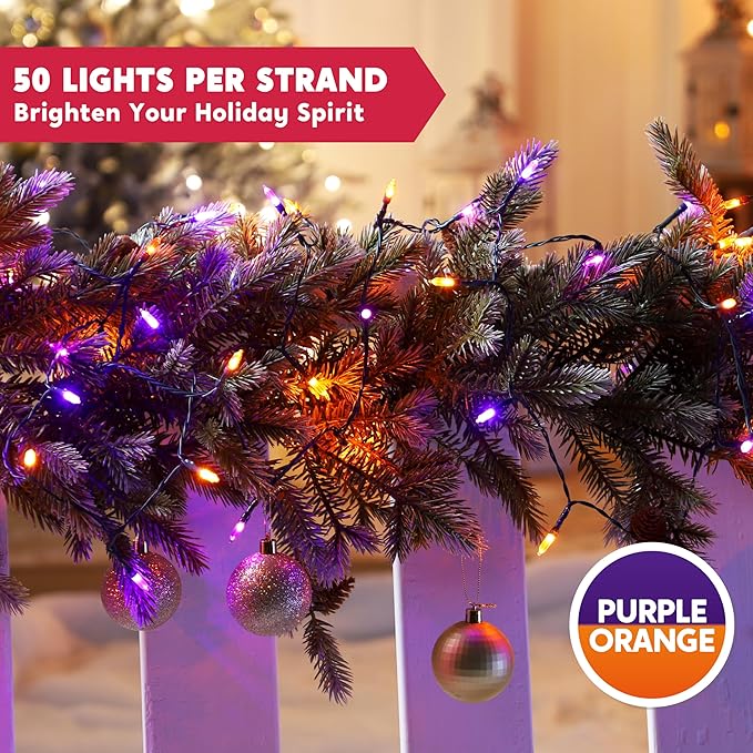 Joiedomi 16.3FT Orange&Purple Halloween Lights,50 Count Battery Operated Christmas String Tree Fairy LED Lights with 8 Modes,Multifunction Green Wire with Timer for Xmas Decor Party Holiday House