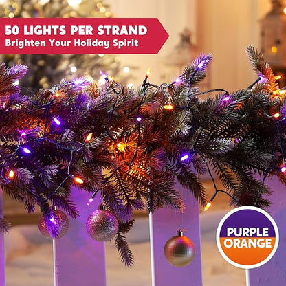 Joiedomi 16.3FT Orange&Purple Halloween Lights,50 Count Battery Operated Christmas String Tree Fairy LED Lights with 8 Modes,Multifunction Green Wire with Timer for Xmas Decor Party Holiday House