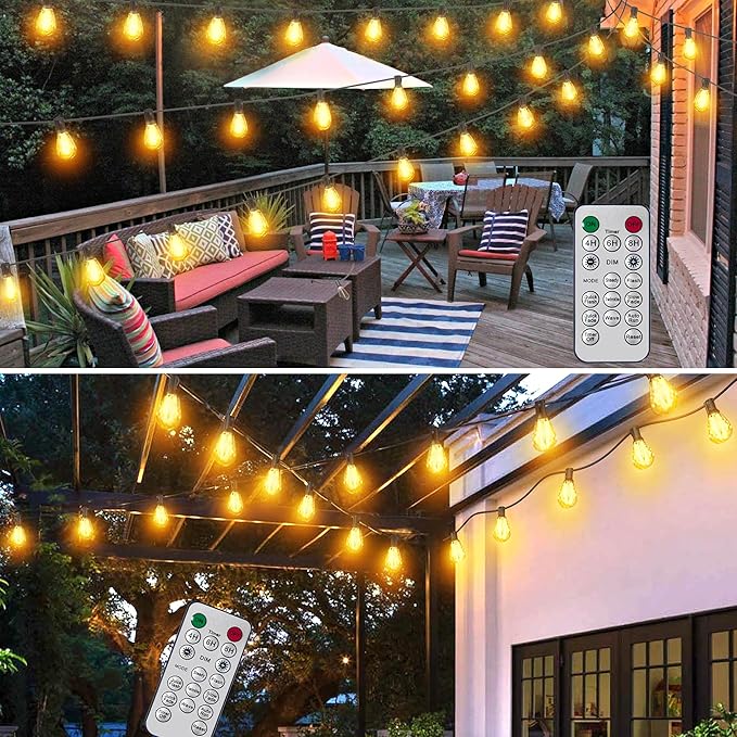 60FT Solar String Lights Outdoor Waterproof with Remote Control Solar Patio Lights 15+2 shatterproof LED Bulbs for Porch Garden Market Bistro Patio Backyard Fence