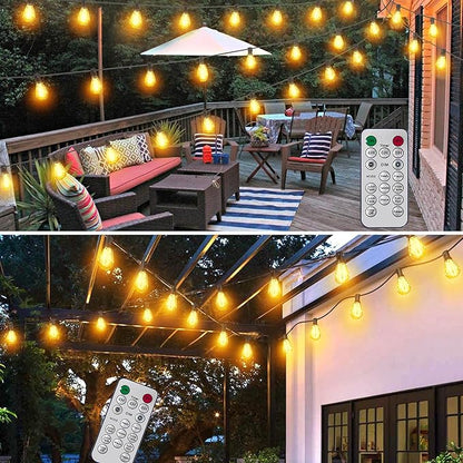 60FT Solar String Lights Outdoor Waterproof with Remote Control Solar Patio Lights 15+2 shatterproof LED Bulbs for Porch Garden Market Bistro Patio Backyard Fence