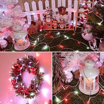 Lomotech Battery Operated Christmas Lights - 4 Pack Total 66ft 200LEDs String Lights 8 Modes Waterproof with Timer for Home, Garden, Party, Holiday, Tree Decoration (Clear Wire, Red & White)