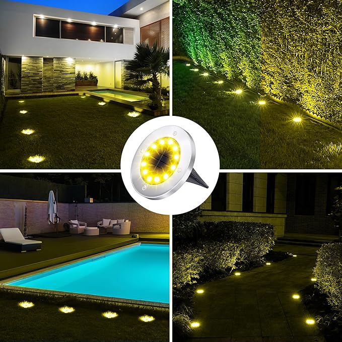 12-Pack Warm White In-Ground Solar Lights, Flat LED Garden
