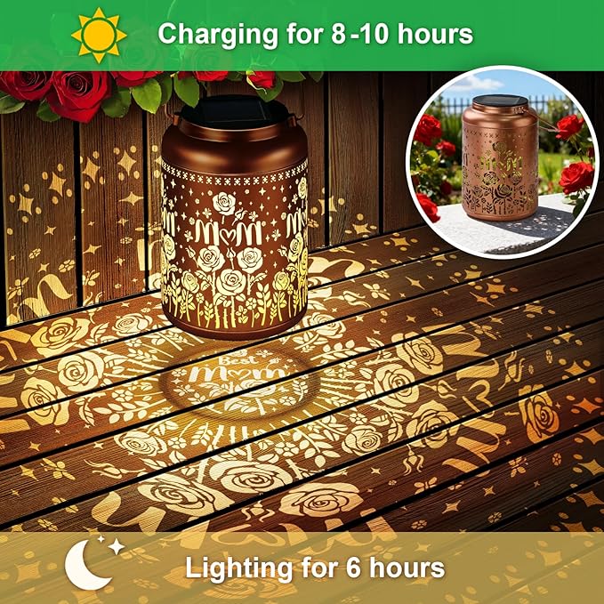 Birthday Gifts for Women Mom Grandma Solar Lantern Outdoor Waterproof, Gardening Gifts for Women, Mom Christmas Rose Garden Decor Hanging Solar Lights Yard Decorations Outdoor, Backyard, Patio