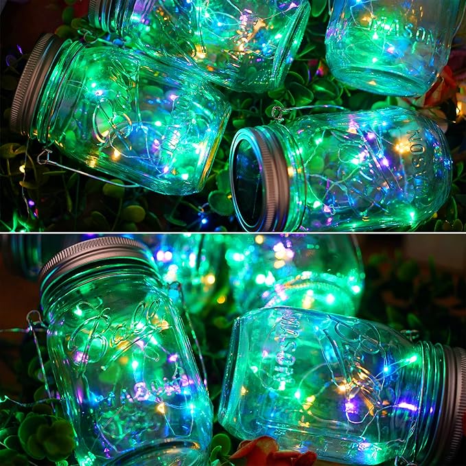 SmilingTown 30 LED 10 Packs Solar Mason Jar Lights [Updated] Fairy Firefly Jar Lids String Lights with Hangers Waterproof Patio Yard Garden Wedding Party Decoration - Colorful (NO Jars)