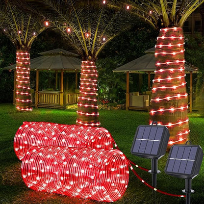 Solar Rope Lights, 2 Packs Total 66ft 200LED Solar String Lights, 8 Modes Waterproof Solar Powered Outdoor Light, Flexible Clear Tube Light for Garden Backyard Patio Deck Porch Tree Xmas Decor - Red