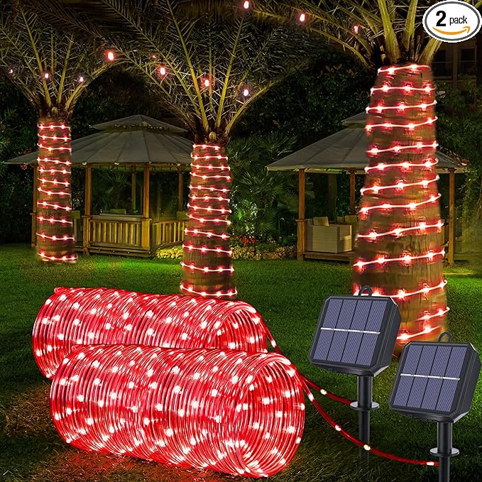 Solar Rope Lights Outdoor, 2-Pack 132ft Total, 400 LED 8-Mode Waterproof String Tube Lights for Garden & Patio, Red