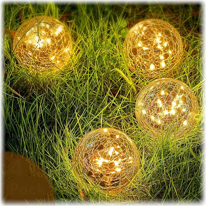 Honoson Solar Globe Lights Outdoor - Waterproof Cracked Glass Balls for Garden, Patio, Lawn & Yard, Warm White Solar LED Lights with Easy Installation & Durable Design(4.7 Inch,4 Pieces)