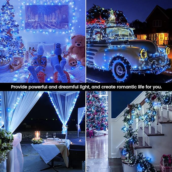 Hopolon Blue and White Christmas Lights Outdoor,33FT 100 Led Plug in Fairy String Lights Clear Wire,8 Modes Waterproof Christmas Tree Light for Indoor Outside Bedroom Party Wedding,100 LED,Blue White