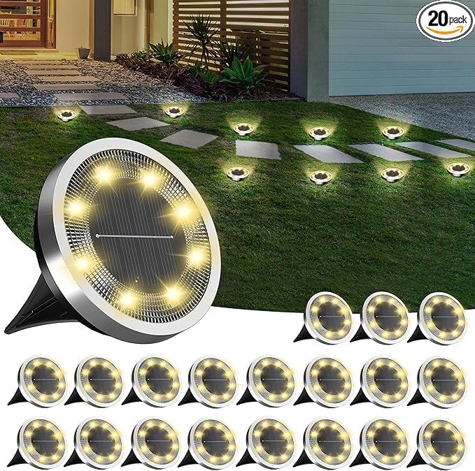 Solar Flat Disk Lights 20-Pack, Waterproof Walkway