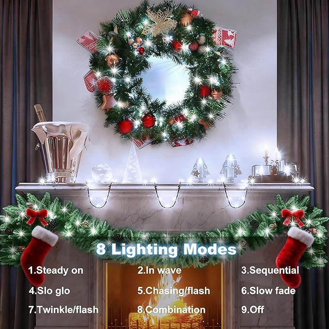 4 Pack Battery Operated Christmas Tree Lights,16.5 Ft String Lights with Auto Timer 8 Modes, 50 LED Wreath String Lights for Indoor Outdoor Xmas Tree Party Decor (Cool White)