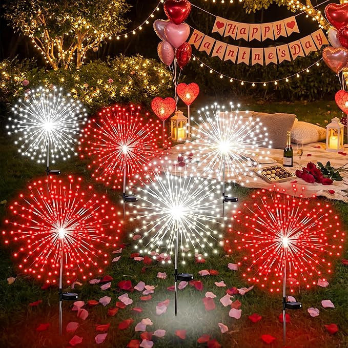 6 Pcs Valentine's Day Solar Firework Stake Lights 180 LED 8 Modes Solar Waterproof LED Sparkler Lights Outdoor Decoration for Garden Patio Yard Pathway Walkway Lawn (Red, White)