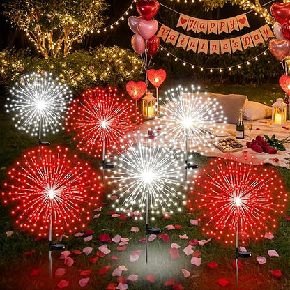 6 Pcs Valentine's Day Solar Firework Stake Lights 180 LED 8 Modes Solar Waterproof LED Sparkler Lights Outdoor Decoration for Garden Patio Yard Pathway Walkway Lawn (Red, White)