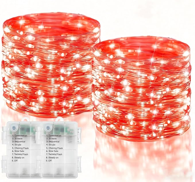 echosari 2 Pack Red Fairy Lights Battery Operated 200 LED 66Ft Silver Wire Starry String Lights Auto Timer 8 Modes Waterproof Mini Fairy Lights for Outdoor Indoor Garden Wedding Decor (Red)