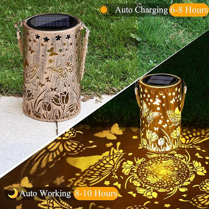 Toodour Solar Lantern Outdoor, Butterfly Gifts for Mom Grandma Women Hanging Solar Outdoor Lights Waterproof, Hollow Out Retro Metal Butterfly Lights for Patio, Balcony, Walkway, Yard Decorations