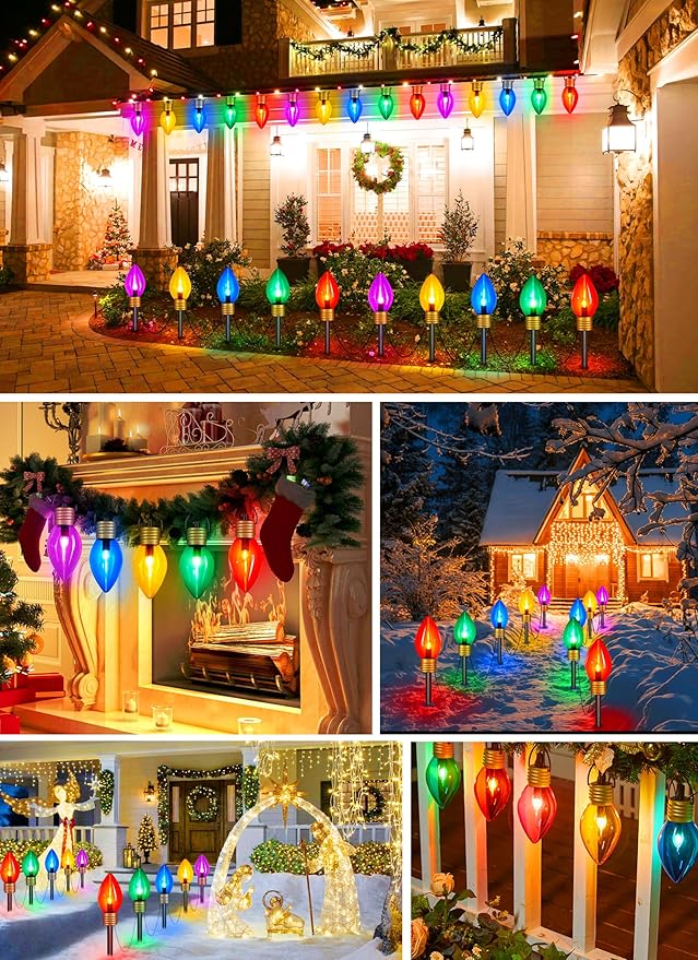 Jumbo C9 Christmas Pathway Lights Outdoor - 2 Pack Total 17 Feet 10 LED C9 Walkway Lights, Multicolor Jumbo Light Christmas Bulb Light Outdoor Decorations for Lawn Holiday Outside Yard Garden
