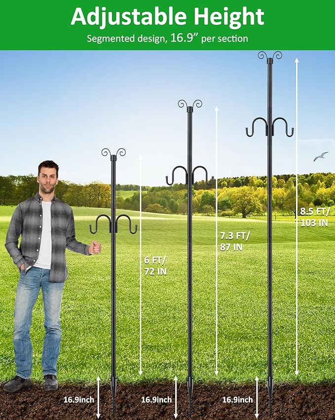 1.5 Inch Heavy Duty String Light Poles with 16.9” Spiral Ground Anchor - for Patio, Deck & Holiday Lighting, 8.5FT Adjustable Outdoor Post, Easy Screw-in Installation, Decorative Scroll Top & Hooks