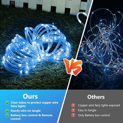 Jnaurb 2-Pack Battery Operated Rope Lights for Outside, Total 66FT 200LED 8 Modes Battery Operated String Lights, Waterproof Christmas Fairy Light with Remote for Outdoor Indoor Xmas Party Decor -Blue