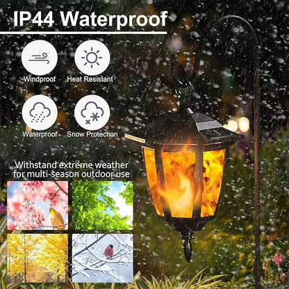 Dynaming 2 Pack Solar Flame Hanging Lights Outdoor, Halloween Solar Flickering Flame LED Garden Lanterns with 2 x 38 Inch Shepherd Hooks, Christmas Lighting for Lawn Patio Yard Pathway Driveway
