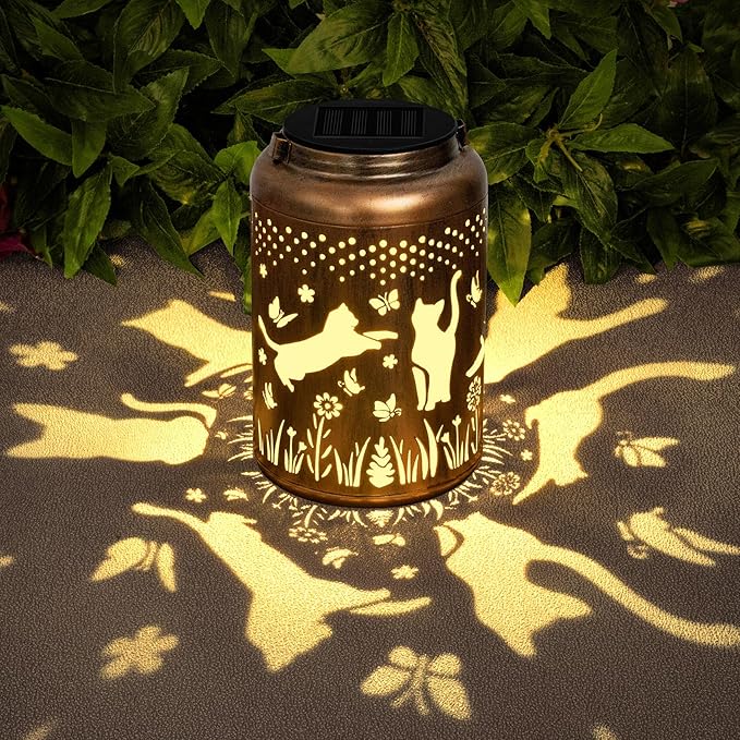 Cat Gifts Solar Lanterns Outdoor Waterproof, Birthday Gifts for Women, Mom, Metal Hanging Solar Lights Outdoor for Patio Porch Yard Backyard Garden Decor