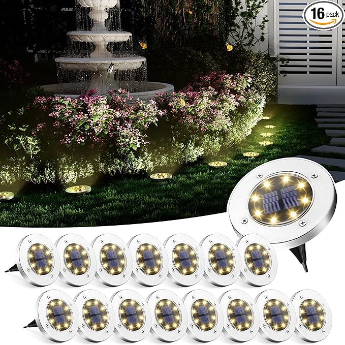 16-Pack Warm White In-Ground Solar Lights, Flat LED Garden