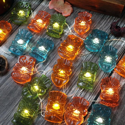 Bartlett Solar Tiki Mask Lights Outdoor 40LED 14FT, Waterproof Tropical String Lights for Garden Patio Porch Yard Pathway Fence, Solar Powered Hawaiian Luau Party Decorations Night Ambient Lighting