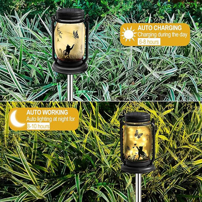 2 Pack Outdoor Hanging Solar Lantern, Cat & Dog Butterfly Vintage Glass Mason Jar, Birthday Mothers Day Gifts for Mom, Grandma, Women, Waterproof Garden Lights for Patio Yard Lawn Tree Decor