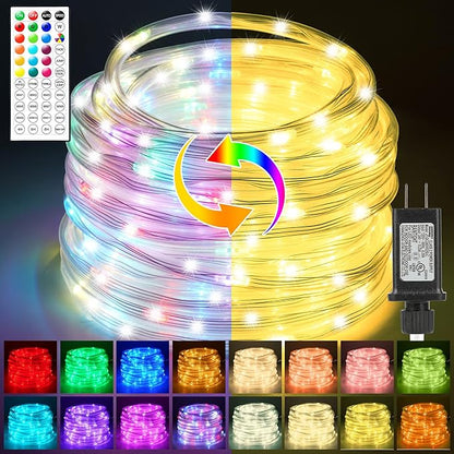33FT Rope Lights Outdoor Color Changing, Warm White Rope Lighting 100 LED String Lights Plug in with Remote, 30 Colors Rope Light for Indoor Garden Patio Camping Room Landscape Tree Christmas Décor