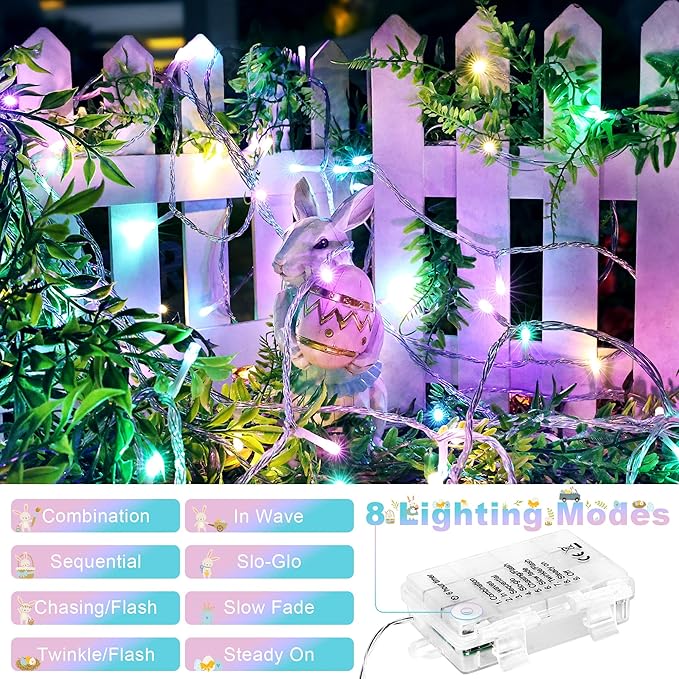 Lomotech Easter Lights Battery Operated - 2 Pack Total 33ft 100 LED Battery String Lights 8 Modes Waterproof with Timer for Home, Garden, Party, Holiday, Tree Decoration